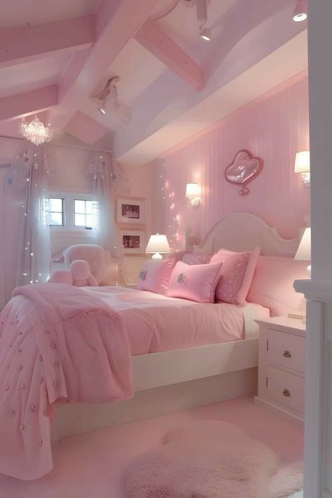 Girly Pink Bedroom, Pink Bedroom Walls, Pink Bedroom Design, Fancy Bedroom, Pink Bedroom For Girls, Dream Bedroom Inspiration, Pink Bedroom Decor, Apartment Goals, Chill Room