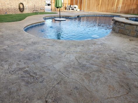 Textured Concrete Pool Deck, Stamped Concrete Around Pool Ideas, Pool Side Ideas, Stamped Concrete Pool Deck, Stamped Concrete Pool, Decorative Concrete Driveways, Concrete Pool Deck, Side Ideas, Home Deck