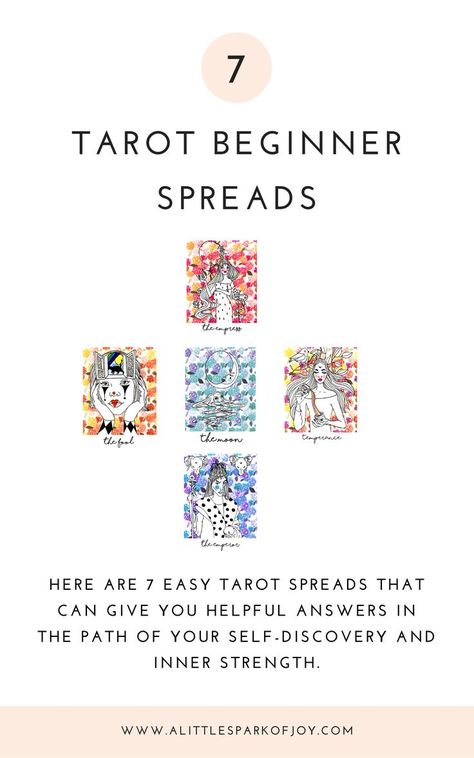 There are many types of tarot spreads and it is not only interesting and fun to work with them but they can also give you helpful answers in the path of your self-discovery and inner strength. You may be surprised with new perspectives that you have not considered before. In this article, you can find 7 super easy tarot spreads for beginners and advanced readers to practice, have fun, and hopefully get answers:) #tarotspreads #tarot #learntarot