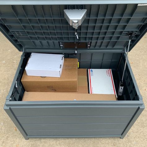 Porch Pirate Prevention, Porch Package Storage, How To Stop Porch Pirates, Package Box For Porch, Deck Cushion Storage, Porch Box, Outdoor Storage Box For Packages, Diy Outdoor Storage Box Waterproof, Porch Boxes