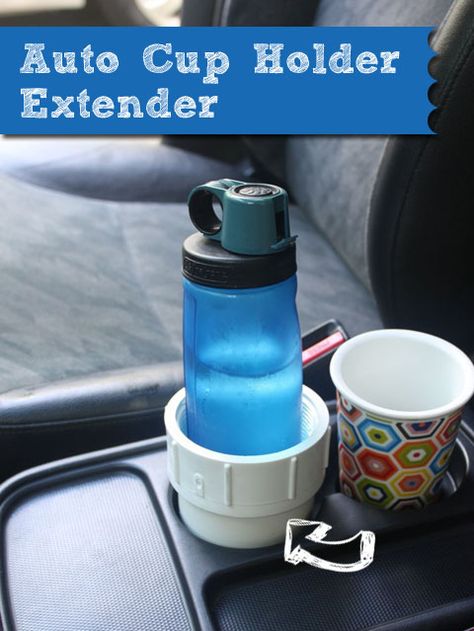 I found the solution to tipping water bottles in the plumbing aisle! This plumbing part has solved our problem by becoming an auto cup holder extender. Car Water Bottle Holder, Cup Holder For Car, Pvc Pipe Crafts, Pvc Pipe Projects, Diy Water Bottle, Large Water Bottle, Pvc Projects, Car Organization, Diy Water