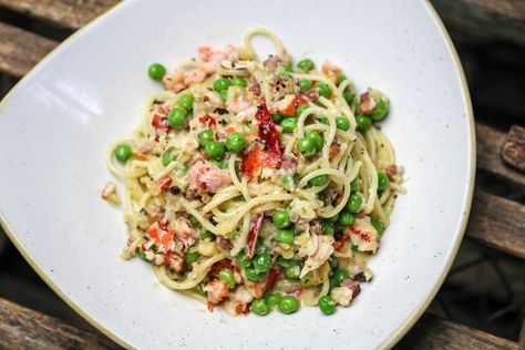 Lobster Carbonara with Spaghetti, Pancetta, English Peas, Parmesan Spaghetti Pancetta, Lobster Carbonara, Lobster Pasta, English Peas, Seafood Pasta Recipes, Carbonara Recipe, Western Washington, Pasta Lover, Seafood Restaurant