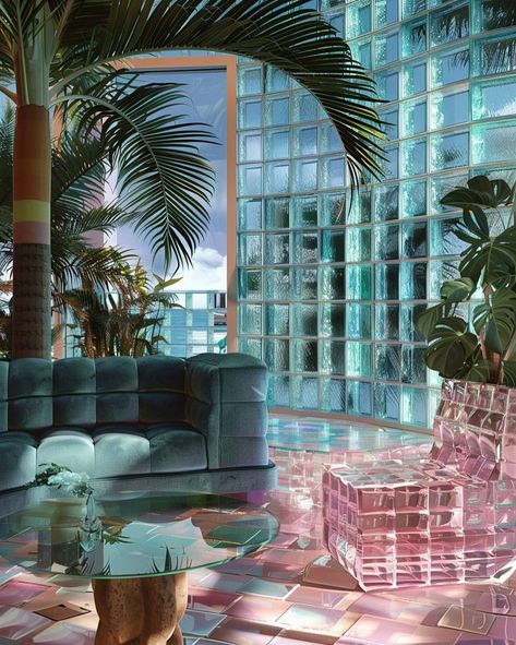 1980s Miami / glass brick paradise 🩷🌴 • • • • (AI images — MJ 6) #80sinterior #1980sinterior #80saesthetic #1980s #80svibes #80snostalgia #80sdecor #80s #vintage #interiordesign #homedecor #luxuryhomes Miami Loft Apartments, 80s Miami Apartment, 80s Florida Interior, Miami Vice Interior Design, 1980s Miami Aesthetic, Retro Miami Aesthetic, 80s Miami Aesthetic Home, 1980 Interior Design, Penthouse Outside