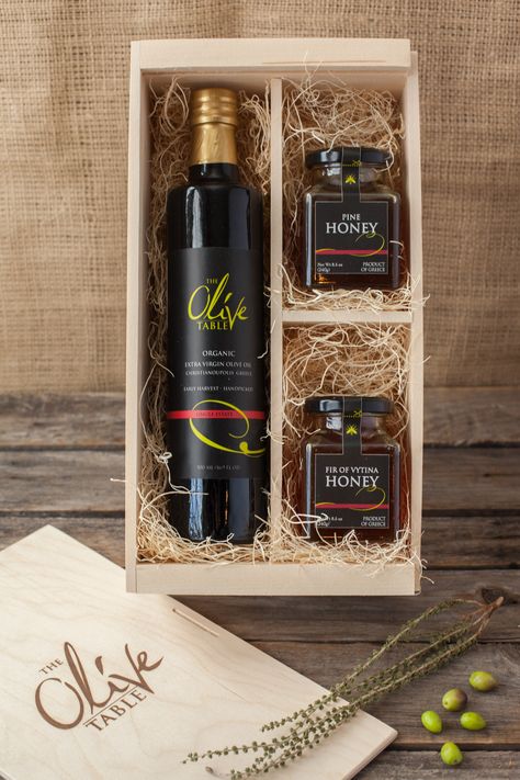 Olive Oil & Honey Gift Set in our signature wooden crate theolivetable.com Olive Oil Gift, Olive Gifts, Gift Packaging Design, Mothers Day Craft, Greek Olive Oil, Honey Gift, Olive Oil Bread, Olive Oil Packaging, Gift Set Packaging