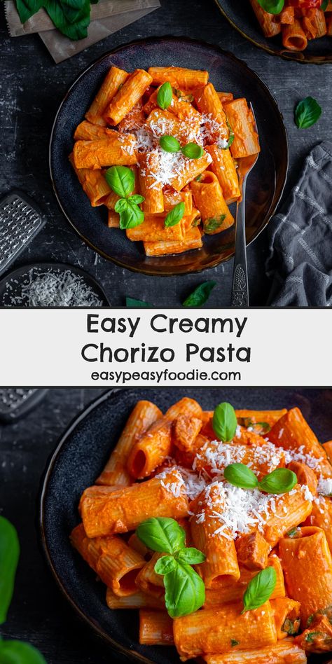 If you love pasta and chorizo, then you’ll love this quick and easy Creamy Chorizo Pasta. Ready in under 20 minutes and a real crowdpleaser – it’s perfect for busy weeknights! #chorizo #pasta #chorizopasta #creamychorizopasta #creamypasta #easypasta #quickpasta #weeknightpasta 20minutemeals #under20minutes #30minutemeals #under30minutes #easymidweekmeals #easymeals #midweekmeals #easyrecipes #easydinners #dinnertonight #dinnertonite #familydinners #familyfood #easypeasyfoodie #cookblogshare Pasta With Chorizo, Chorizo Pasta, Midweek Meals, Savory Recipes, Easy Pasta, Easy Peasy, How To Cook Pasta, If You Love, Pasta Dishes