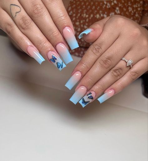 White With Blue Butterfly Nails, Light Blue Birthday Nails Acrylic, Nail Inspo With Butterflies, Blue Butterfly Nails Acrylics Short, Blue Nails With Butterfly, Ombré Butterfly Nails, Blue Nails Butterfly, Butterfly Nails Blue, Blue Nails With Butterflies