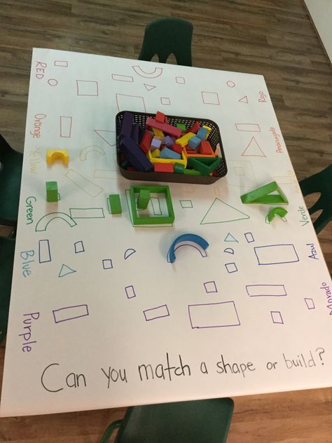 Using blocks to match shapes to their outline and color match! Reggio Shape Provocations, Shapes Reggio Emilia, Preschool Fine Motor Skills, Early Childhood Education Activities, Shapes Kindergarten, Eyfs Classroom, Fine Motor Activities For Kids, Eyfs Activities, Preschool Centers