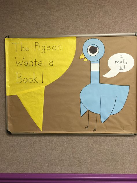 Bulletin board I made for the Story time room #thepigeonwantsapuppy. #mowillams Book Bulletin Board, School Library Bulletin Boards, Pigeon Books, School Library Decor, Kindergarten Bulletin Boards, Library Bulletin Board, Wild West Theme, Library Themes, Elementary School Library