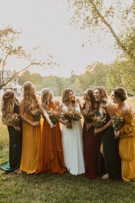 Fall Wildflower Wedding Bridesmaids, Multi Colored Bridesmaid Dresses Fall, Multi Color Bridesmaid Dresses Fall, Mixed Bridesmaid Dresses Fall, Brown Bridesmaids Dress, Mismatched Bridesmaid Dresses Fall, Earth Tone Bridesmaid Dresses, Multi Colored Bridesmaid Dresses, Multicolored Bridesmaids Dresses