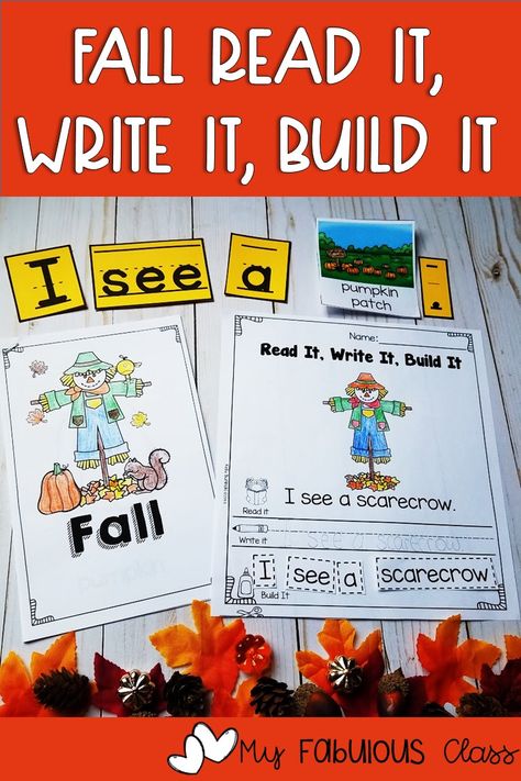 Fall Kindergarten Activities, Autumn Kindergarten Activities, read it, write it, build it, simple sentences, fall emergent reader, pocket chart activities, fall worksheets, autumn worksheets, kindergarten literacy activities, guided reading activities, scarecrow activities, pumpkin activities Scarecrow Worksheets Kindergarten, Fall Reading Activities Kindergarten, Pumpkin Reading Activities, Sentence Building Kindergarten, Kindergarten Literacy Activities, Scarecrow Activities, Autumn Kindergarten, Fall Reading Activities, Fall Kindergarten Crafts