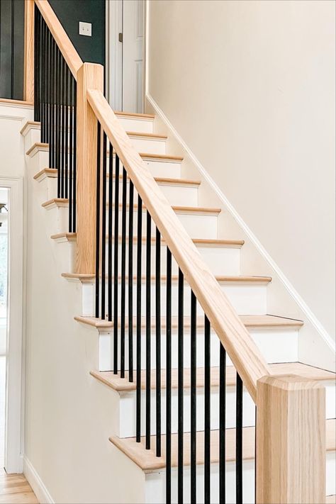 Hand Rail Ideas, Maple Staircase, Updated Stairs, Iron Spindle Staircase, Wood Stair Handrail, Black Banister, Handrail Ideas, Oak Banister, Garage Stairs