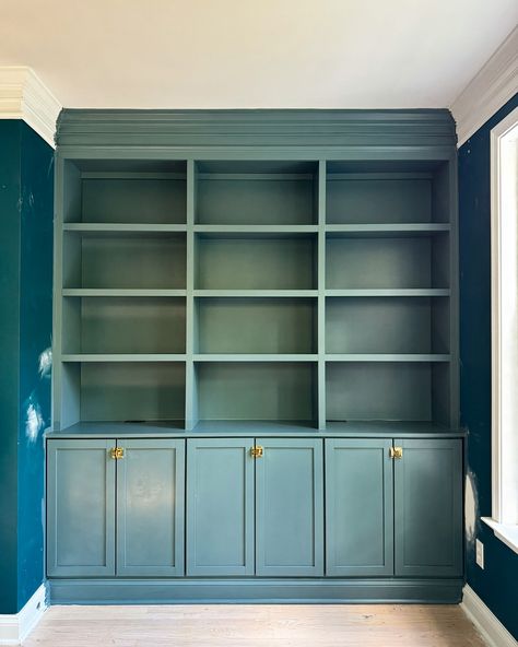 Another one in the books!✨ speaking of books….I can’t waitttt to fill these shelves with books, collected vintage items, records, and cocktail making supplies 🤩 Color: Riverway by Sherwin Williams I used wall cabinet boxes from Home Depot and built the bookcases with pine boards! #builtins #diyhacks #bookshelves Shelves With Books, Painting Old, Cabinet Boxes, Pine Boards, Cocktail Making, Wall Cabinet, Diy Hacks, Built In Storage, Sherwin Williams