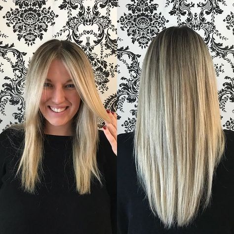 Straight Balayage, Bangs And Balayage, Blonde Balayage Highlights, Highlighted Hair, Bangs Straight, Straight Hair Cuts, Layered Cut, Balayage Blonde, Bangs With Medium Hair