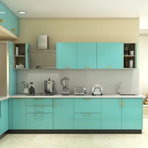 Aqua Blue Kitchen Cabinets, Coloured Cabinets, Tiffany Blue Kitchen, Low Floor Bed, Colourful Homes, Blue Kitchen Tiles, Kitchen Triangle, White Worktop, Kitchen Cost