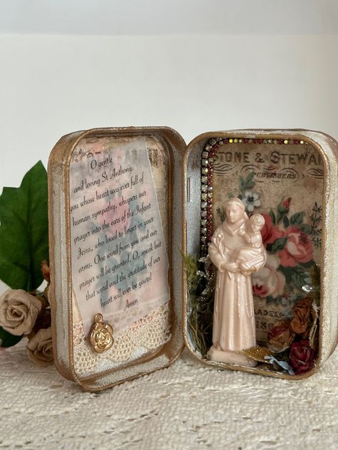 Catholic Core, Baby Jesus Statue, Pocket Shrine, Shrines Box, Rosary Boxes, Vintage Holy Cards, Altoid Tin, Jesus Statue, Catholic Crafts