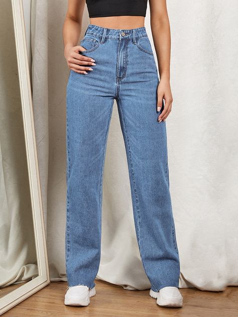 Medium Wash    Denim Plain Straight Leg  Non-Stretch  Women Denim Straight Jeans Outfit, Straight Leg Jeans Outfits, Mode Hijabi, Jeans Outfit Women, Types Of Jeans, Mode Jeans, Outfit Jeans, Cute Jeans, Straight Fit Jeans