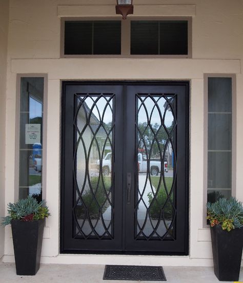 Wrought Iron Doors - Traditional - Entry - Austin - by PORTEUSA | Houzz Steel Double Door Design, Front Door Glass Insert, Wrought Iron Entry Doors, Wrought Iron Front Door, Door Glass Inserts, Steel Doors Exterior, Double Doors Exterior, Iron Front Door, Steel Entry Doors