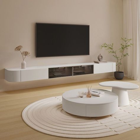 Modern White TV Media Stand Floating TV Stand Console with Drawers for Living Room - 87"L x 12"W x 8"H Wood+Glass White Tv Stand Living Room, White Floating Tv Stand, Tv Unit Panel, Modern Tv Stand Wall, Duplex Decor, Tv Console Design, Built In Tv Wall Unit, Wood Tv Stands, Console With Drawers