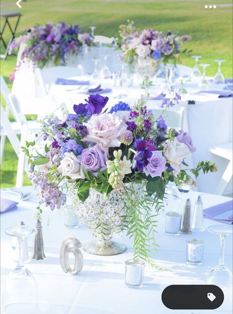 Blue Flower Centerpieces, Purple Wedding Flowers Centerpieces, Wedding Table Centerpieces Purple, Purple Flower Centerpieces, Purple Turquoise Wedding, Purple Wedding Tables, Lavender Centerpieces, Purple Flower Arrangements, Lavender Wedding Theme