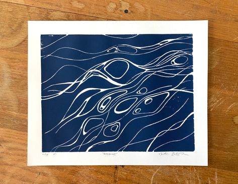 This is an original linocut relief print designed, handcarved, and printed by myself. This representation of water is an experimentation of using line, particularly the quality of line to depict the ephemeral nature of water. It is printed on 100gsm acid-free printmaking white paper with non-toxic water-based inks.  This art print is one of an edition of 15. Individual prints will have slight variations from one another due to the handmade qualities of the relief printing process. This adds to t Wave Block Print, Water Block Print, Water Lino Print, Linocut Ideas Easy, Linocut Prints Easy, Water Linocut, Linocut Water, Water Line Art, Linoleum Print