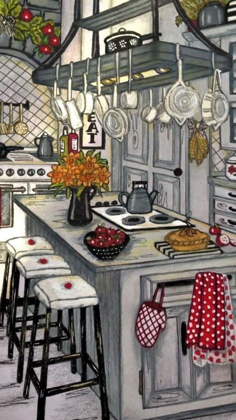 Country Kitchen Charm Coloring Book Finished Pages, Country Kitchen Charm Coloring Book, Shabby Chic Artwork, Cottage Drawing, Beautiful Scenery Drawing, Teresa Goodridge, Creative Haven Coloring Books, Kitchen Drawing, Colored Pencil Techniques