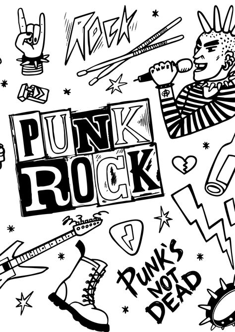 2 Printable Coloring Pages-Punk Rock Music, Guitar Bank, Heavy Metal Rock Coloring Pages pdf -All Ages, Adults by HartfordHustlePrints on Etsy Punk Art Drawings, Punk Doodles, Rock Doodles, Punk Tattoo Ideas, Punk Rock Tattoos, Punk Rock Art, Punk Tattoos, Band Artwork, Punk Drawing