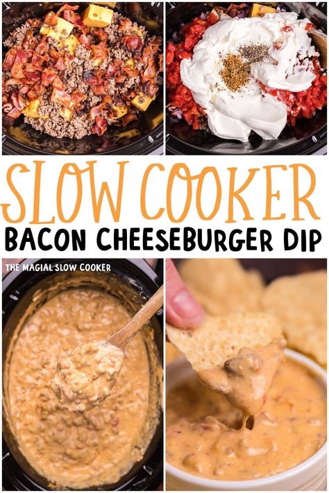 If you love a good Velveeta cheese dip then you will LOVE this Slow Cooker Bacon Cheeseburger Dip. Forget a Mexican themed dip and try this all-American style dip. - the magical slow cooker Slow Cooker Bacon Cheeseburger Dip, Dinner Dips, Crockpot Dips For Parties, Crockpot Dip, Crockpot Dips, Velveeta Cheese Dip, Bacon Cheeseburger Dip, Slow Cooker Dips, Cheeseburger Dip