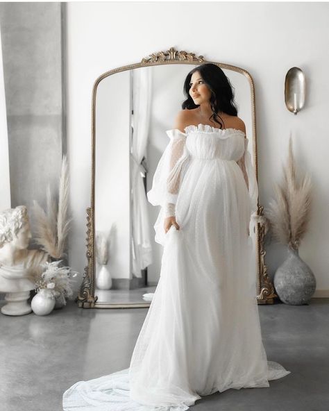 Happy Monday ! Shop the Grace gown available in white and dusty pink . AnyutaCouture.com Tulle Baby Shower, Elegant Photoshoot, Designer Aesthetics, Vestidos Para Baby Shower, Maternity Photoshoot Dress, Pregnancy Wear, Baby Shower Gown, Off Shoulder Tulle, Arabic Wedding