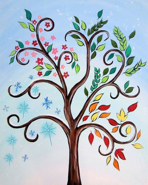 Tree of All Seasons Four Season Tree Painting, Four Seasons Tree Painting, Four Seasons Drawing, 4 Seasons Tattoo, 4 Season Tree, Seasons Drawing, Muse Paintbar, Four Seasons Painting, Tree Painting Canvas