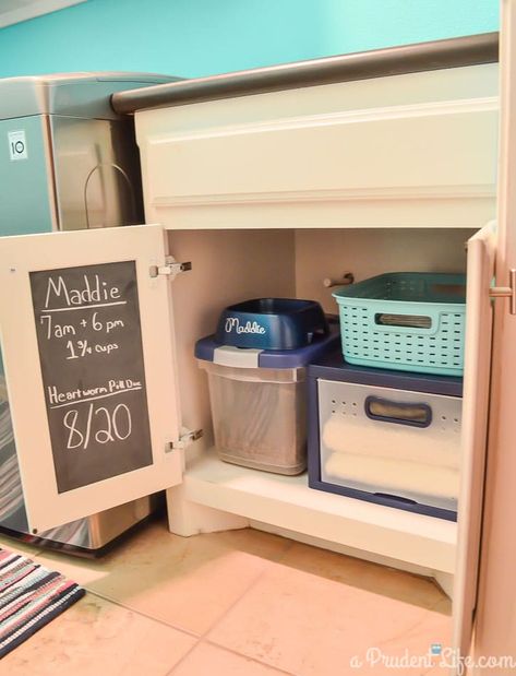 Organizing Pet Supplies {Laundry Room Post #1} Dog Supplies Storage, Dog Supplies Organization, Diy Pet Ideas, Pet Supplies Organization, Pet Station, Chalkboard Vinyl, Dog Organization, Animals And Pet Supplies, Pet Organization