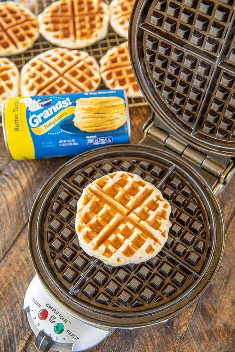 Easy Biscuit Waffles - a simple treat the whole family will enjoy! Only 1 ingredient and ready to eat in about 90 seconds. Top with butter and maple syrup and a side of bacon. This is our family's go-to weekday breakfast! Biscuits In Waffle Maker, Biscuit Waffles, Cheese Grits Casserole, Homemade Honey Butter, Easy Biscuit, Honey Butter Recipe, Cinnamon Honey Butter, Breakfast Hashbrowns, Weekday Breakfast