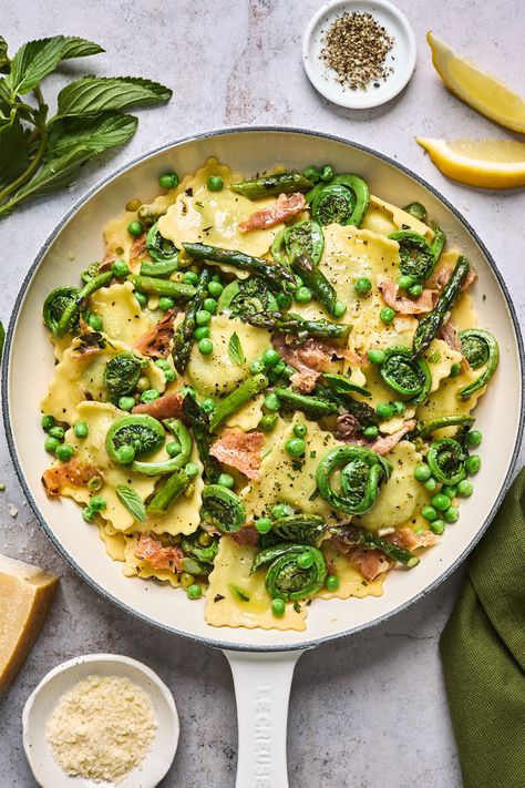 Lemon Butter Ravioli With Roasted Asparagus and Peas | Olive & Mango Asparagus And Peas, Spring Veggies, Homemade Ravioli, Cheese Ravioli, Lemon Butter Sauce, Roasted Asparagus, Lemon Butter, Recipe Notes, Roasted Veggies