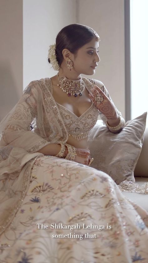 MATSYA | Utkarsh Ahuja on Instagram: "Featured here “Shikarga Lehenga” “Inspire by a Kashmiri pashmina shawl in my mothers, I’ve wanted to do this lehenga for a few years now. A Rambagh Ekru on jodhpuri silk sketched with resham ari & delicate Zardozi the lehenga is a piece of art on its own. I believe it’s one of those which will find its way in museum through the times to come” Credits Cinematographer- @_tushar_rajan_sharma_ Team- @rishiporwalofficial Available at our Stores Viewing by ... Scallop Dupatta, Kashmiri Pashmina Shawl, Scallop Embroidery, Scallop Neckline, Blue Lehenga, Embroidered Dupatta, Pashmina Shawl, Silk Organza, Fabric Silk