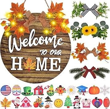 IDATOO Interchangeable Welcome Home Sign, Front Door Decor With 4 Seasonal Wreaths and 21 Changeable Icons, Rustic Wood Wall Porch Hanger for Holiday Halloween Christmas (Brown) Home Sign Front Door, Interchangeable Welcome Sign, Welcome Home Decorations, Welcome Signs Front Door, Welcome Home Signs, Rustic Wood Wall, Wood Wreath, Holiday Accessories, Wooden Wreaths