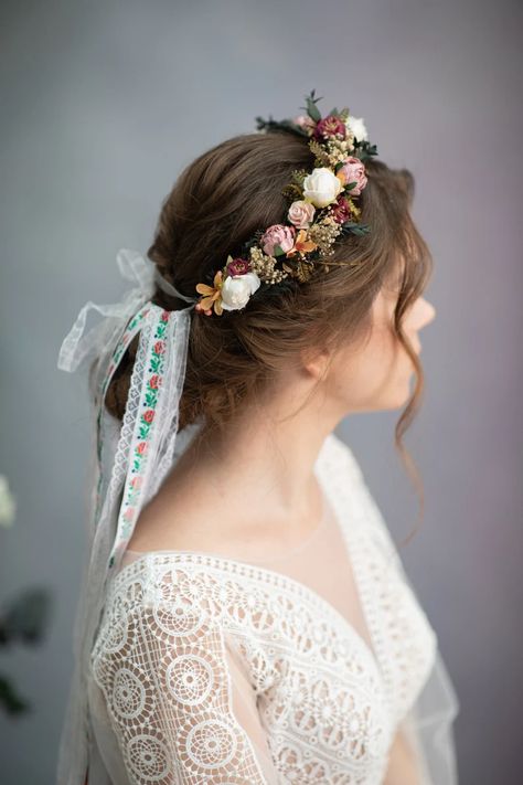 Folk Flower Hair Crown Bridal Flower Hair Wreath With Folk - Etsy Flower Crown Updo, Flower Crown Wedding Veil, Wedding Dusty Pink, Hair Crown Wedding, Flower Hair Crown, Flower Wreath Hair, Wedding Hairstyles And Makeup, Wedding Hairstyles For Medium Hair, Wedding Hair Up