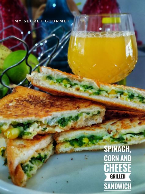 Spinach, Corn and Cheese Sandwich – My Secret Gourmet Corn And Cheese, Packed Breakfast, Flat Pan, Healthy Carbs, Sandwich Spread, Grilled Sandwich, Chopped Spinach, Cold Pressed Juice, Cheese Sandwich