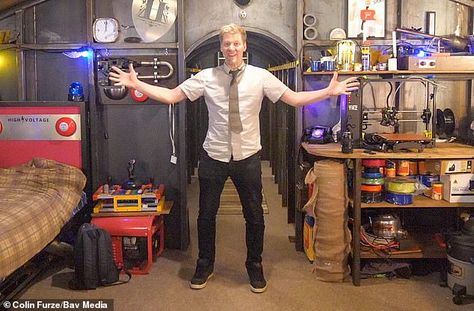 YouTuber Colin Furze has made himself an underground bunker in his back garden and kitted ... Colin Furze, Sky Tv, Underground Bunker, Drum Kit, Farm Heroes, Back Garden, Tv, Building, Quick Saves