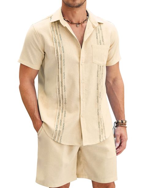 PRICES MAY VARY. cotton&Iinen Imported Button,Drawstring closure Machine Wash Linen Material: Men guayabera linen outfit are made of cotton linen blend fabric. Comfortable and breathable material keeps you feeling cool and relaxed. Fashion Guayabera Set: Mens summer outfits sets is a combo of embroidered shirt and elastic waist shortsfeaturing short sleeve, button down closure, elastic waist with drawstring, two side pockets. Of course, it's not only a combo, the shirt and the short can be also Guayabera Outfit, Cuban Dress, Men Linen Suits, Linen Set Outfit, Cuban Guayabera, Cuban Shirt, Casual Dress Shirt Men, Linen Beach Pants, Cuban Shirts