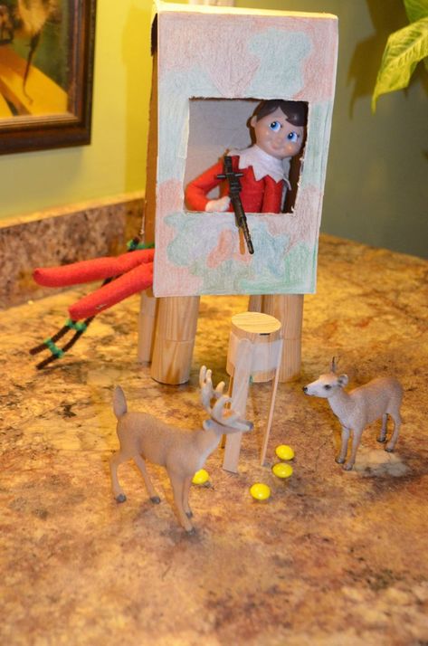 Hunting deer! Elf on the shelf ideas! This website is awesome!! Free downloads and printables, creative elf on the shelf ideas Elf On Shelf Ideas, Jesus Ideas, Kindness Elves, Elf On Shelf, Make Christmas Great Again, Awesome Elf On The Shelf Ideas, Hunting Deer, Elf Antics, Elf Ornaments