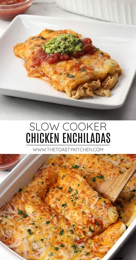 Slow cooker chicken enchiladas recipe by The Toasty Kitchen. Slow cooker chicken enchiladas are a fun and flavorful addition to your weekly dinner rotation. Tender shredded chicken, onion, chiles, and spices are cooked with enchilada sauce in the slow cooker, then rolled into tortillas and topped with more sauce and melty cheese. #slowcooker #chickenenchiladas #enchiladas #crockpot #dinnerideas Cheesy Chicken Enchiladas Crockpot, Shredded Chicken Enchiladas Crockpot, Crockpot Enchiladas Chicken, Crock Pot Chicken Enchiladas, Slow Cooker Chicken Enchiladas, Enchiladas Crockpot, Shredded Chicken Enchiladas, Crockpot Chicken Enchiladas, Slow Cooker Mexican Chicken