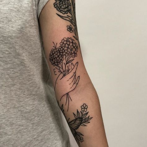 Folky Flower Tattoo, Hydrangeas Tattoo, Hydrangea Tattoo, Collage Tattoo, Patchwork Tattoos, To Be Human, Elbow Tattoos, Be Human, Stylist Tattoos