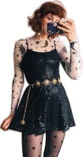 Star Fashion Clothes, Astrology Witch Outfit, Moon Witch Aesthetic Outfit, Moon Core Aesthetic Outfits, Moon Witch Outfit, Astrology Aesthetic Outfit, Star Theme Outfit, Layered Mesh Top Outfit, Moon Themed Clothes