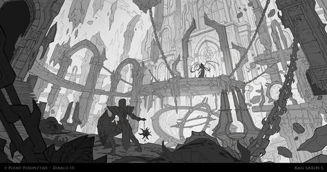 ArtStation - Diablo 3 - Perspective Environment, Kati Sarin S. One Point Perspective Environment, Scene Composition Drawing, 3 Point Perspective Concept Art, 3 Point Perspective Illustration, Pencil Sketch Background, Perspective Environment, Perspective Concept Art, Environment Perspective, Environmental Perspective