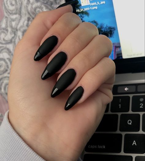 Matte Black With Glossy Tips, Black Matte Nails With Glossy Tips, Cute Easter Nails, Black French Tips, Matte Black Nails, Hand Palm, Shiny Nails, Nail Idea, Makeup Clothes