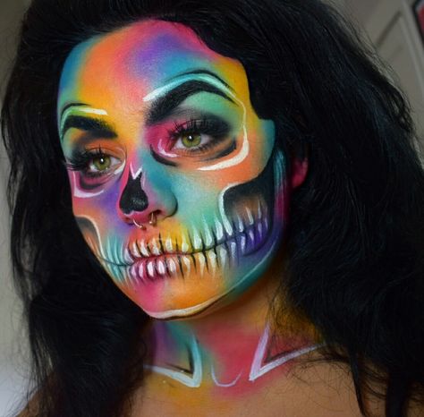 Colourful Skeleton Makeup, Skeleton Makeup Colorful, Colorful Skeleton Makeup, Rainbow Skeleton Makeup, Colorful Skull Makeup, Rainbow Skull Makeup, Halloween Maquillaje, Glam Skull, Cool Face Paint