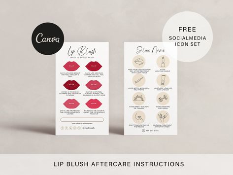 PMU Lip Blush Aftercare Instructions Template | Editable Lip Blush Healing Stages | Beauty Business Care Card | Permanent Makeup Care Card by PerfettoDesign on Etsy Lip Blush Aftercare, Stage Beauty, Lip Blush, Label Paper, Care Card, Beauty Business, Permanent Makeup, How To Apply Makeup, Print Templates