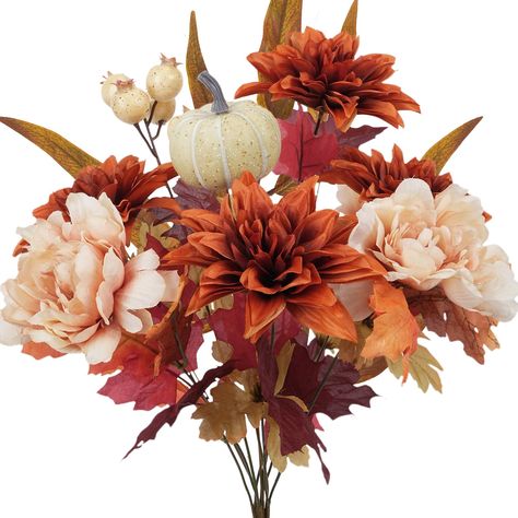 PRICES MAY VARY. Autumn-themed decor: Fall flowers artificial for decoration are made up of orange dahlias, champagne-colored peonies, pumpkins and berries, with some maple leaves at the bottom. Both the flowers and colors are full of autumn atmosphere. What you'll get: a bunch of cemetery flowers fall colors inside the package, about 19.29 inches tall, with 12 stems and a flower head about 4-6 inches in diameter. It is made of high quality silk cloth, full and round flowers, rich colors, realis Fall Cemetery Arrangements, Fall Flower Arrangements For Church, Fall Cemetery, Flowers For Grave, Orange Dahlias, Round Flowers, Fall Stem, Autumn Party, Cemetery Decorations