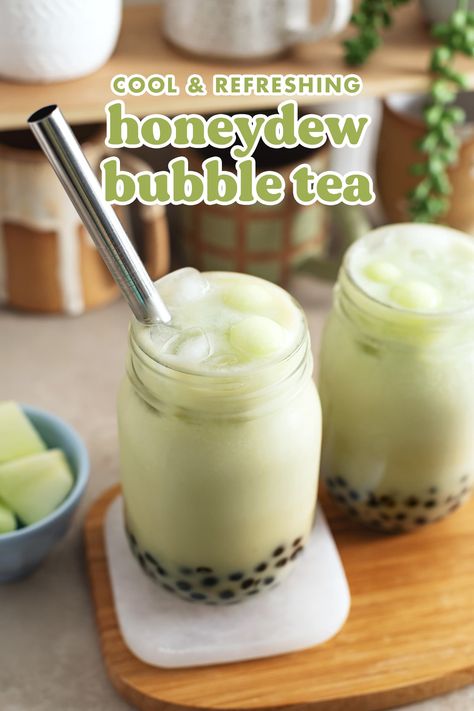 This honeydew bubble tea is the perfect cool and refreshing drink for the summer made with fresh honeydew and chewy tapioca boba pearls. #bubbletea #boba #honeydew | teakandthyme.com Honeydew Boba Tea, Fruit Tea Boba, Honeydew Boba, Honeydew Milk Tea, Boba Recipe, Bubble Tea Straws, Make Brown Sugar, Bubble Tea Recipe, Charlotte Cake