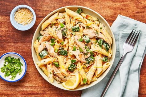 Penne Limone with Chicken Recipe | HelloFresh Penne Rustica, Lemon Chicken Pasta, Chicken Penne, Fresh Salmon, Sauteed Zucchini, Hello Fresh Recipes, Lemon Sauce, Tender Chicken, Herb Butter