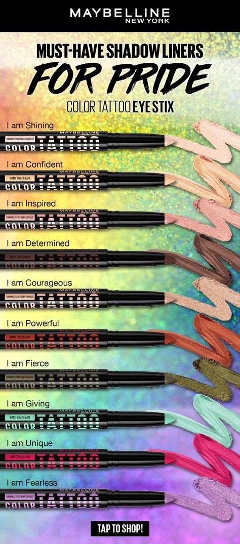 Meet our 1st all-in-one shadow, liner & primer! This longwear eyeshadow delivers up to 24-hour color wear performance. Made with tattoo-powered pigments, each eyeshadow stick delivers crease-resistant color that can keep up with your day. With a built-in sharpener for precision, these multi-use sticks shadow, line, and prime. Color Tattoo shadow sticks have what you need for hassle-free application and bold, long lasting color! Now available in 10 colorful shades! TAP TO SHOP! Tattoo Shadow, Fearless Tattoo, Fierce Tattoo, Maybelline Color Tattoo, Maybelline Tattoo, New York Tattoo, Shadow Liner, Makeup Help, Eyeshadow Stick